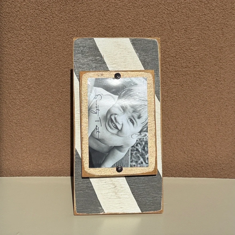 Striped Gray and White Wood Distressed Photo Frame